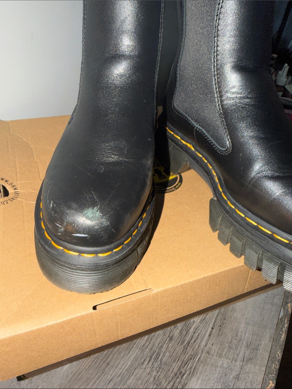 Dr. Martens Black Leather Platform Chelsea Boots with Yellow Stitching - Picture 8 of 11